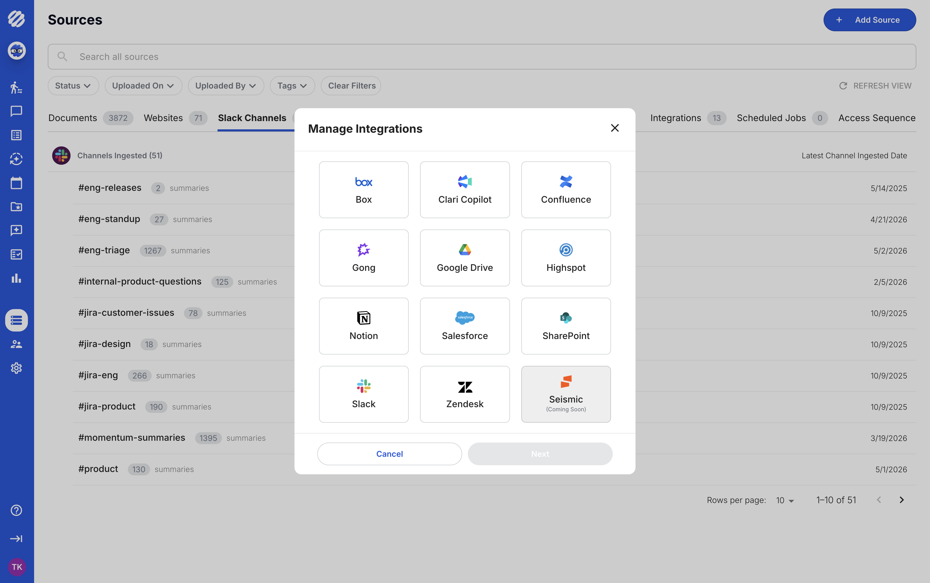 Tribble sources page showing connected enterprise integrations for governed answers